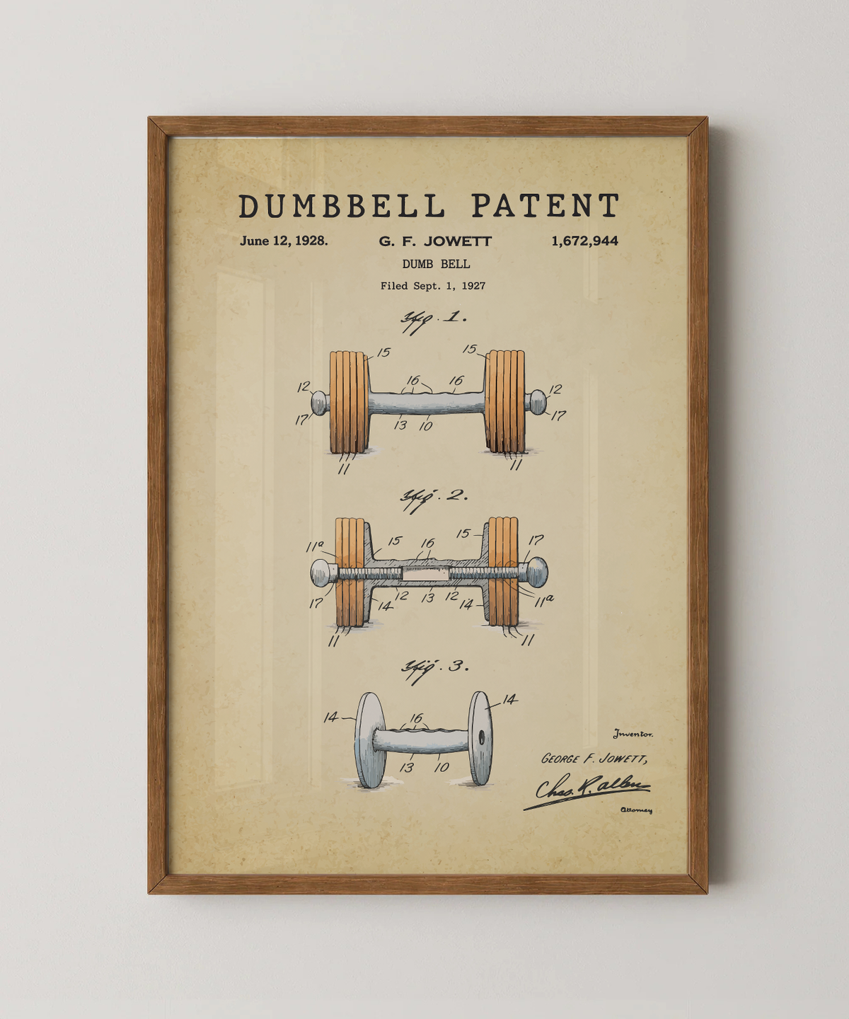 Dumbbell patent print in a natural oak wood frame