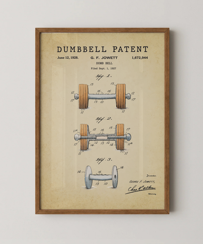 Dumbbell patent print in a natural oak wood frame
