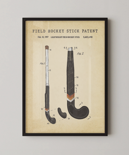 Field hockey stick patent print in a black frame