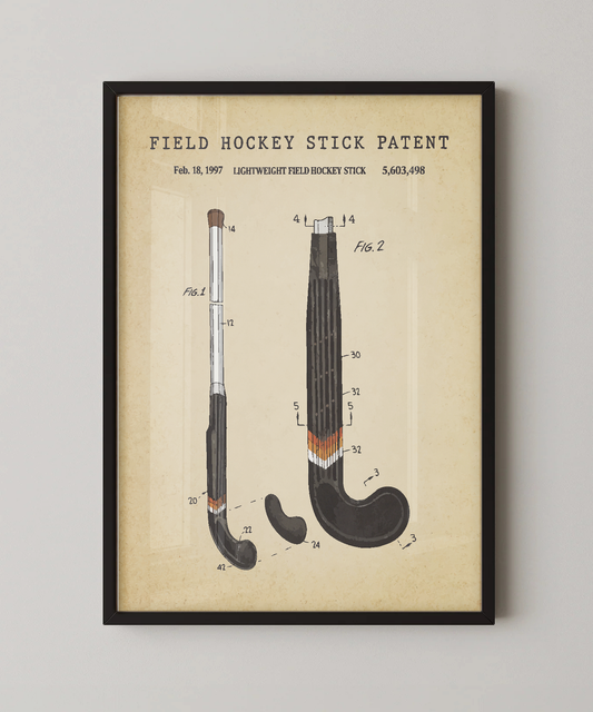Field hockey stick patent print in a black frame