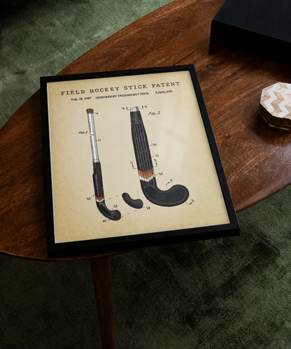 Field hockey stick patent print displayed on a tabletop