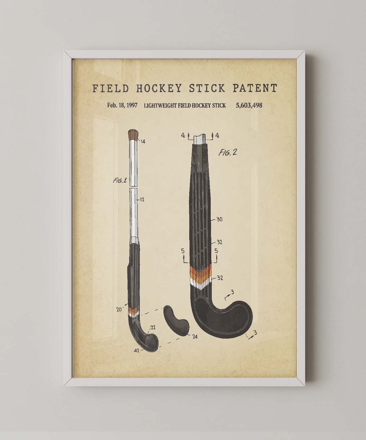 Field hockey stick patent print in a white frame