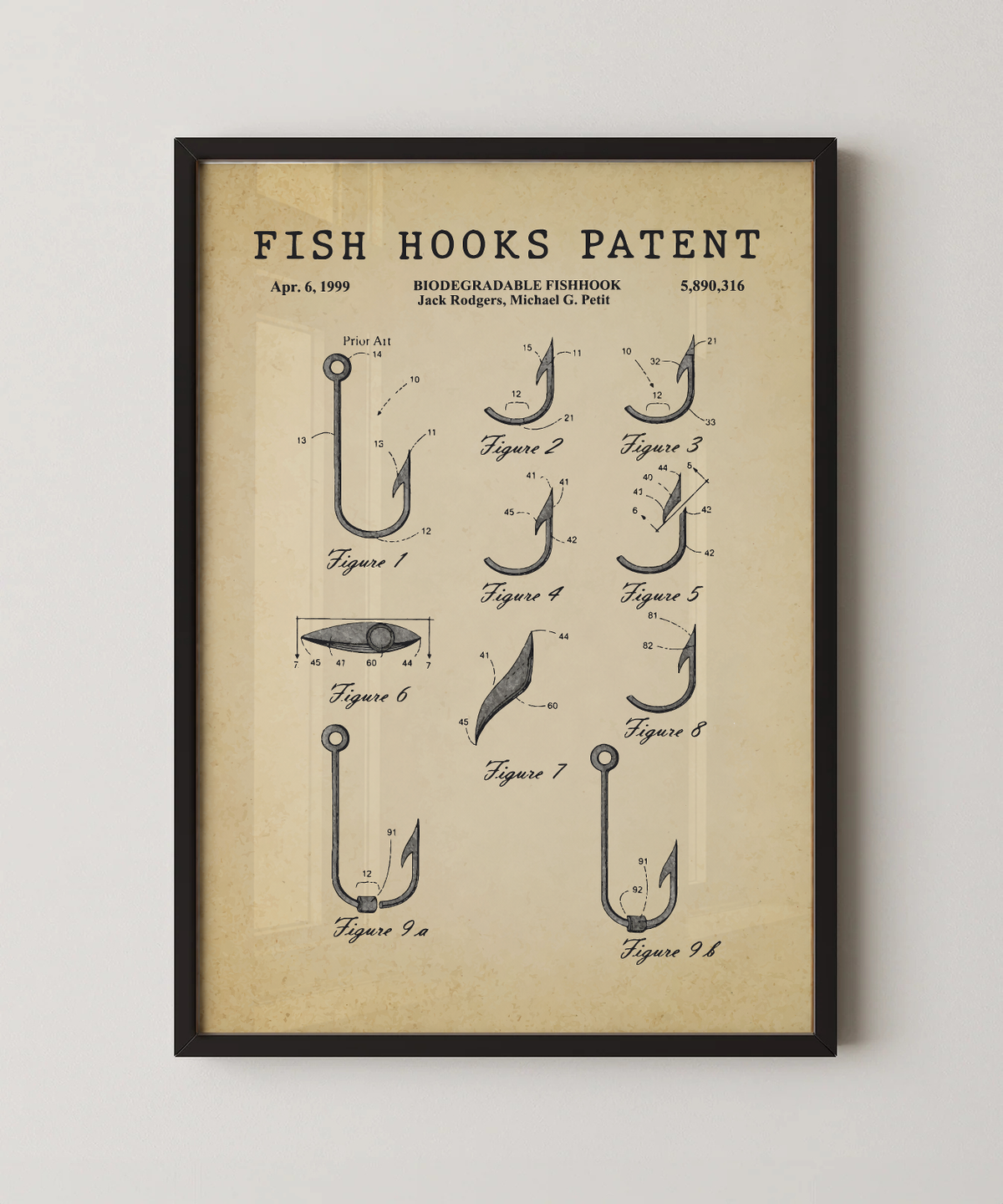 Fish hooks patent print in a black frame