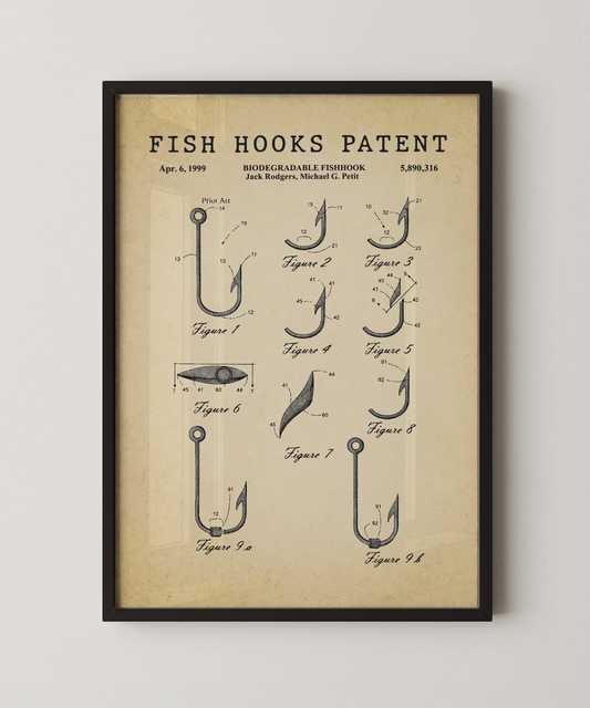 Fish hooks patent print in a black frame