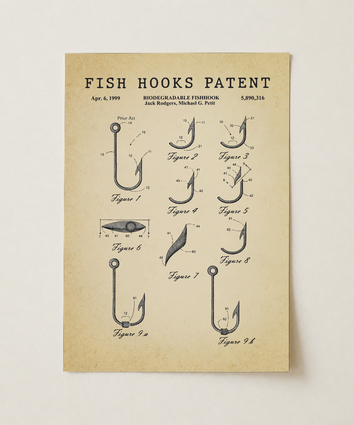 Fish hooks patent print, unframed