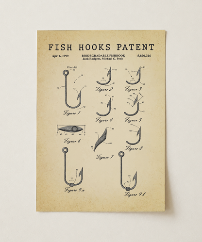 Fish hooks patent print, unframed