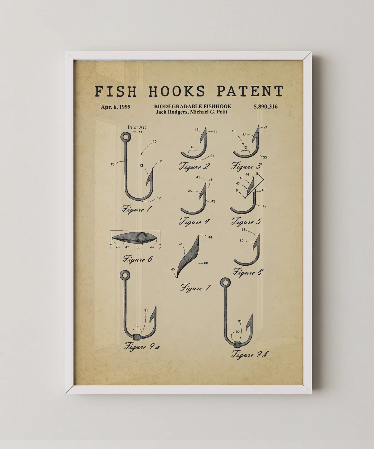 Fish hooks patent print in a white frame