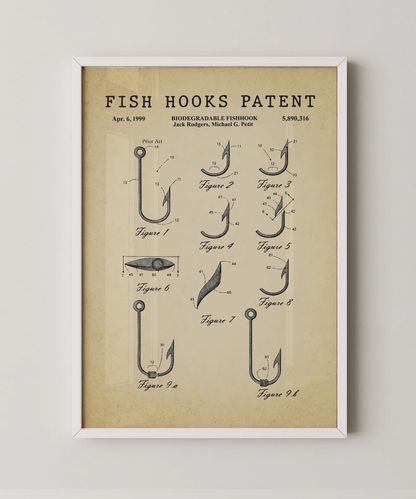 Fish hooks patent print in a white frame