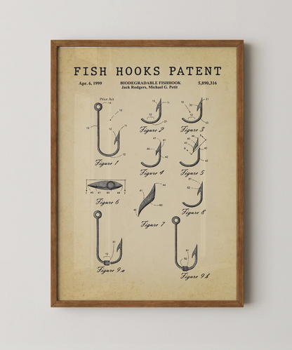 Fish hooks patent print in a natural oak wood frame