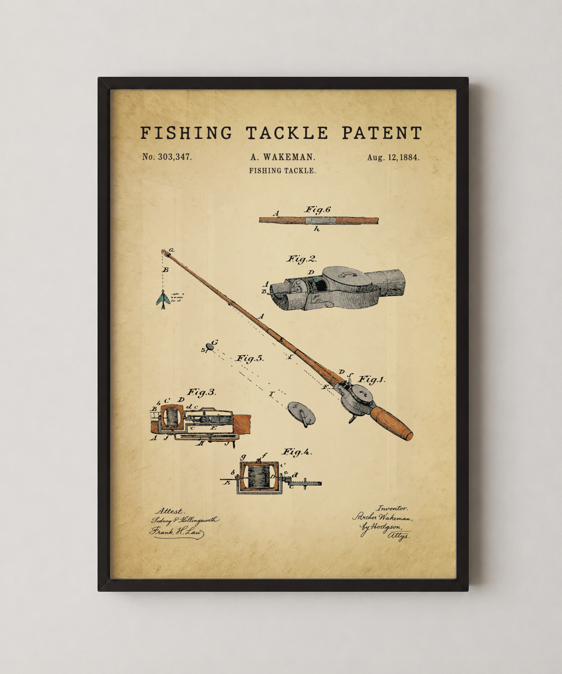 Fishing tackle patent print in a black frame