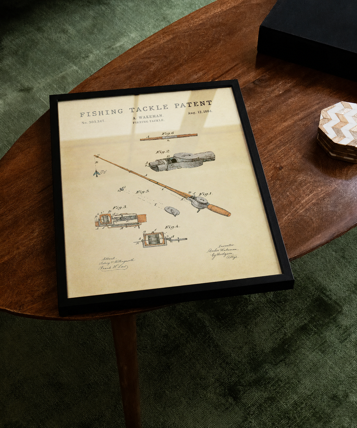 Fishing tackle patent print displayed on a tabletop