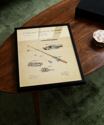 Fishing tackle patent print displayed on a tabletop