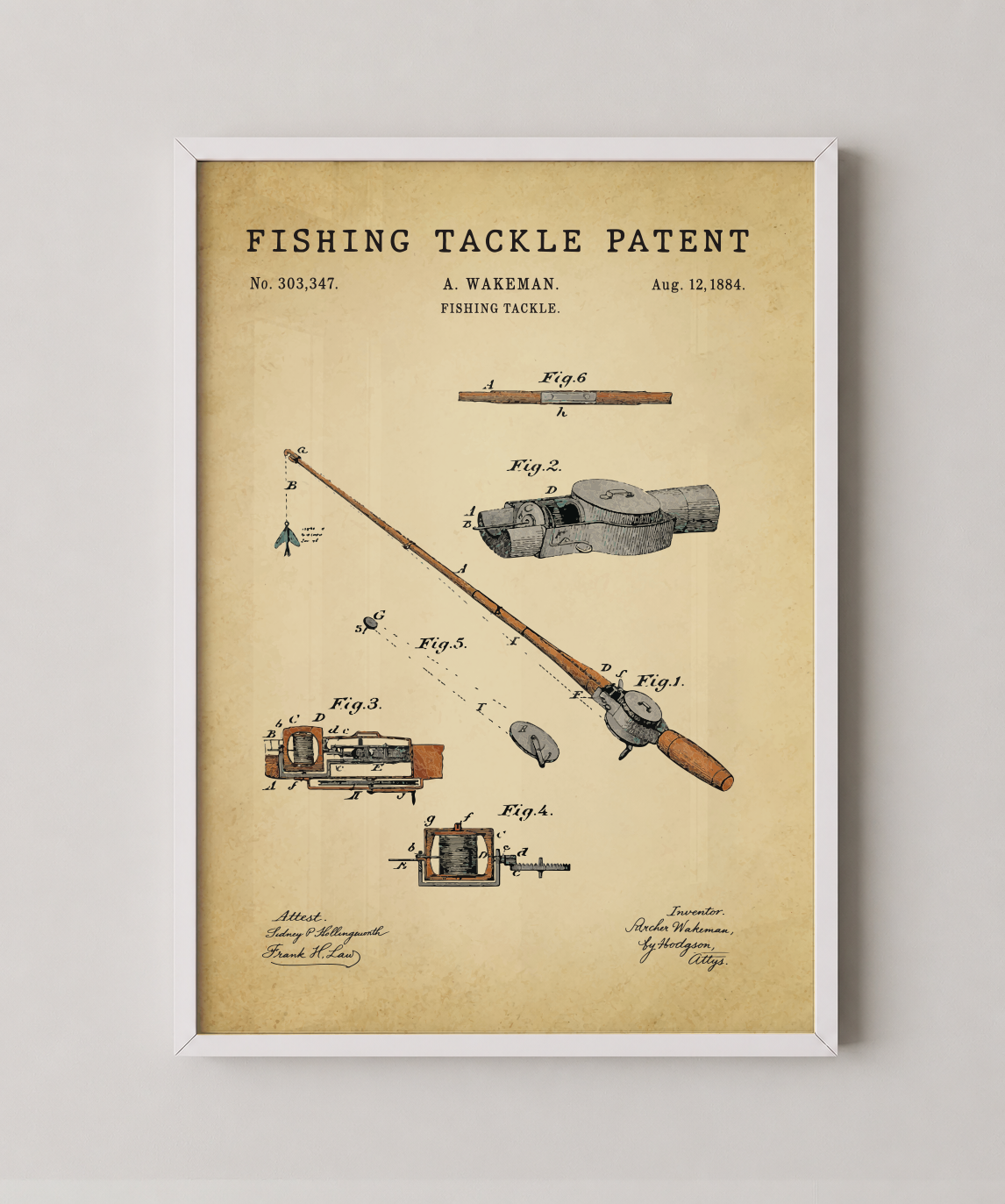 Fishing tackle patent print in a white frame