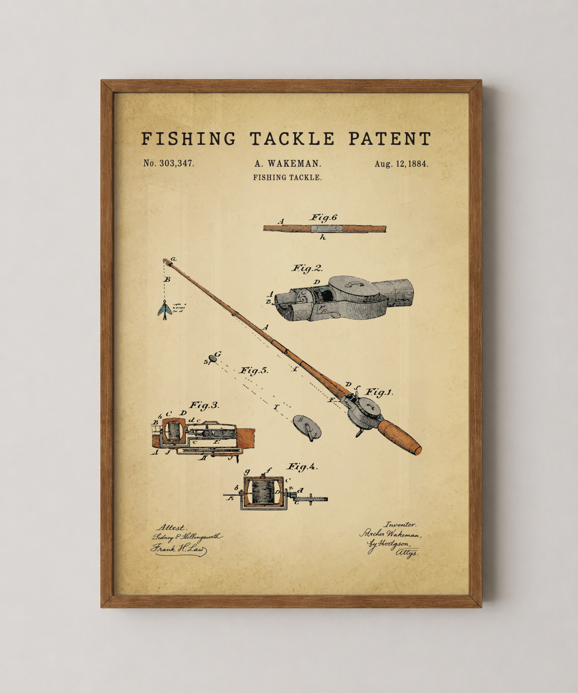 Fishing tackle patent print in a natural oak wood frame