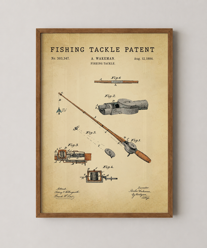 Fishing tackle patent print in a natural oak wood frame
