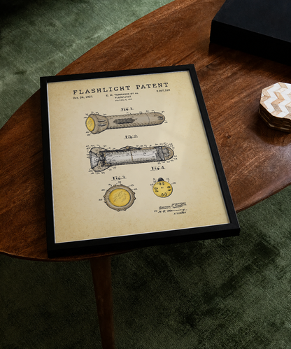 Flashlight patent print displayed on a tabletop
