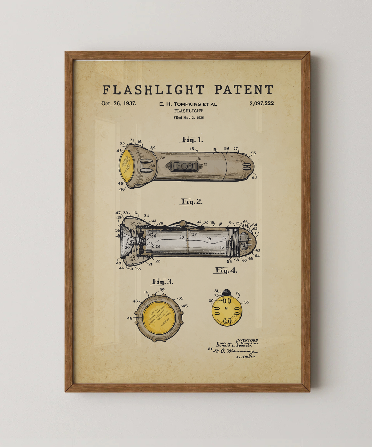 Flashlight patent print in a natural oak wood frame