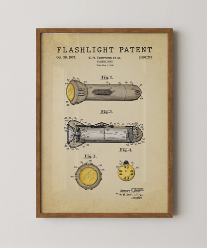 Flashlight patent print in a natural oak wood frame