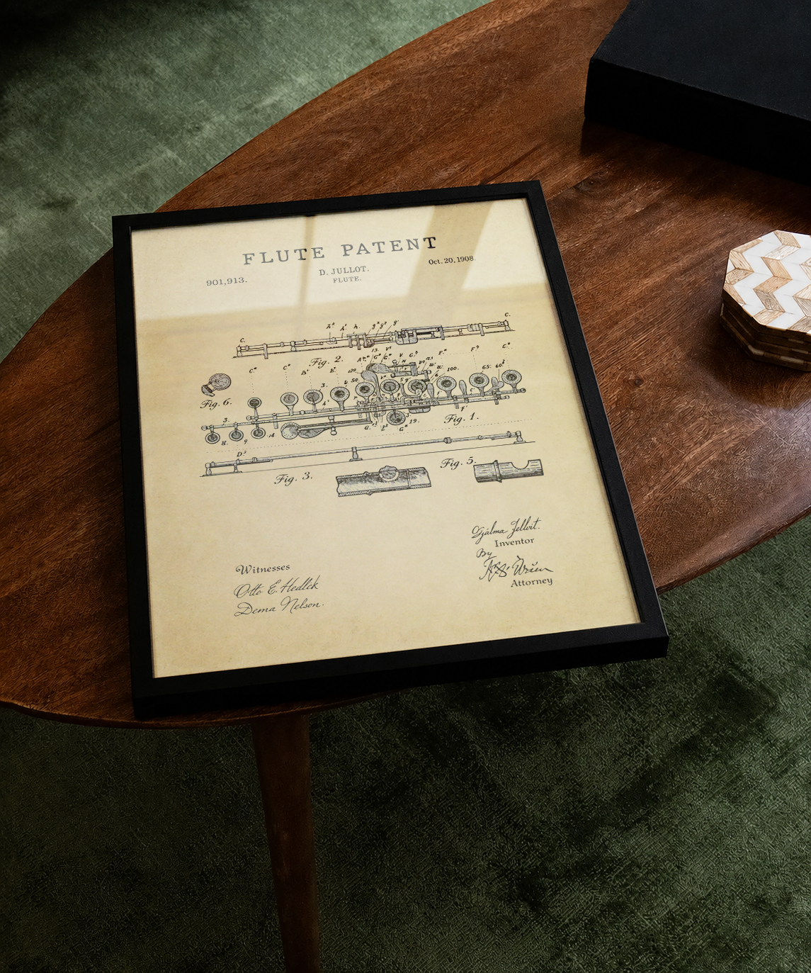 Flute patent print displayed on a tabletop