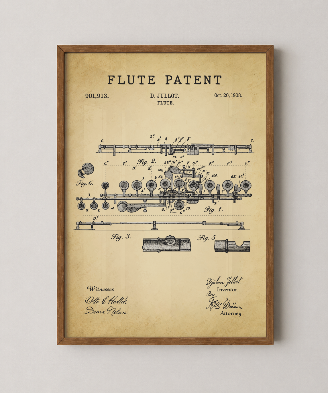 Flute patent print in a natural oak wood frame