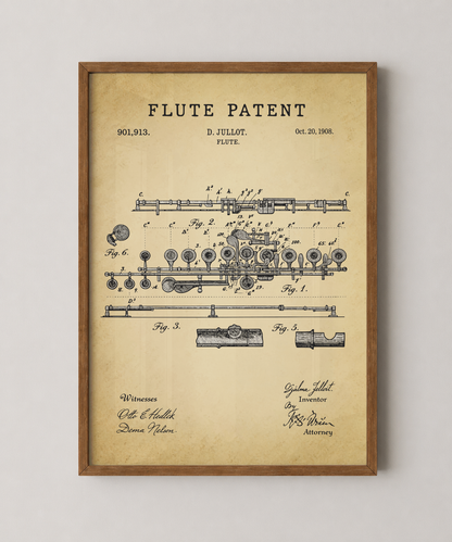 Flute patent print in a natural oak wood frame
