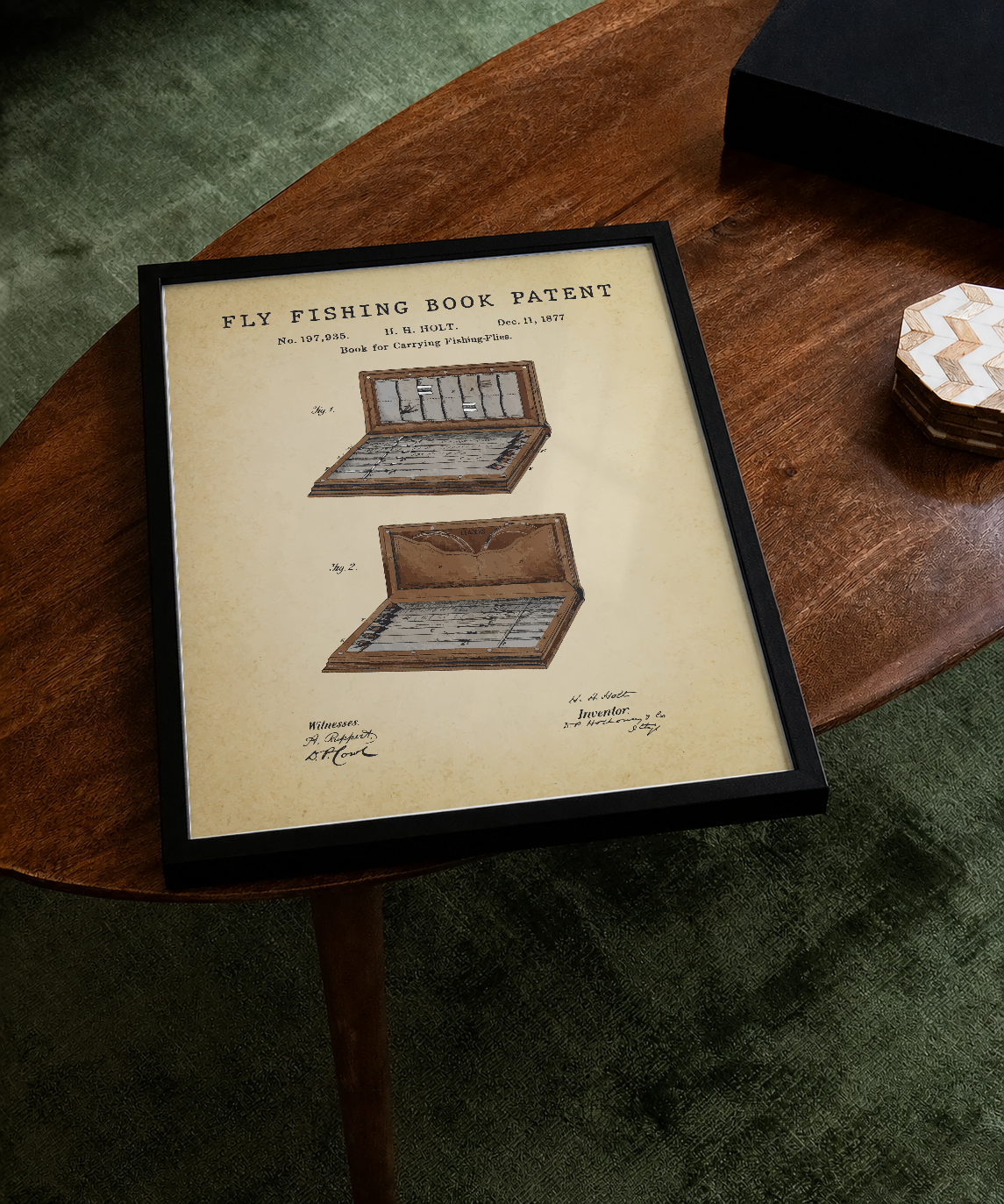 Fly fishing book patent print displayed on a tabletop