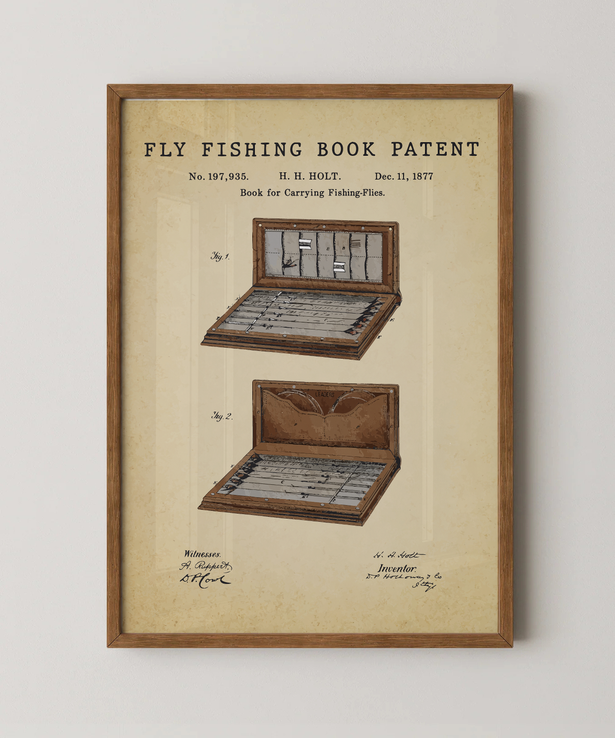 Fly fishing book patent print in a natural oak wood frame