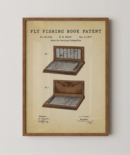 Fly fishing book patent print in a natural oak wood frame