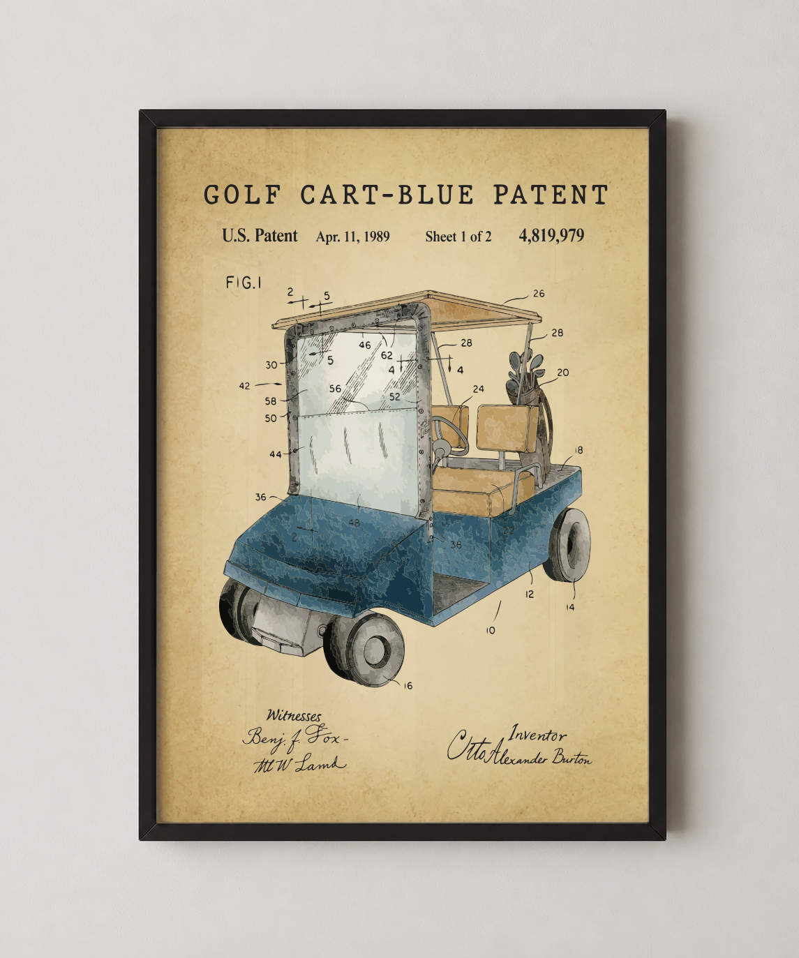 Blue golf cart patent print in a black frame