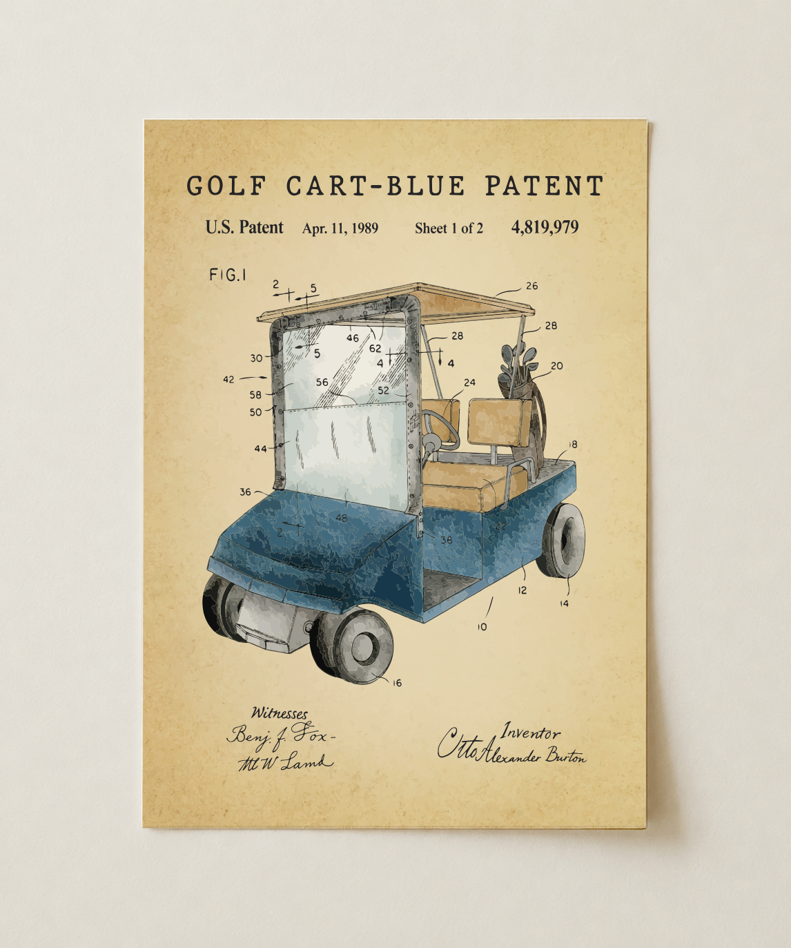 Blue golf cart patent print, unframed