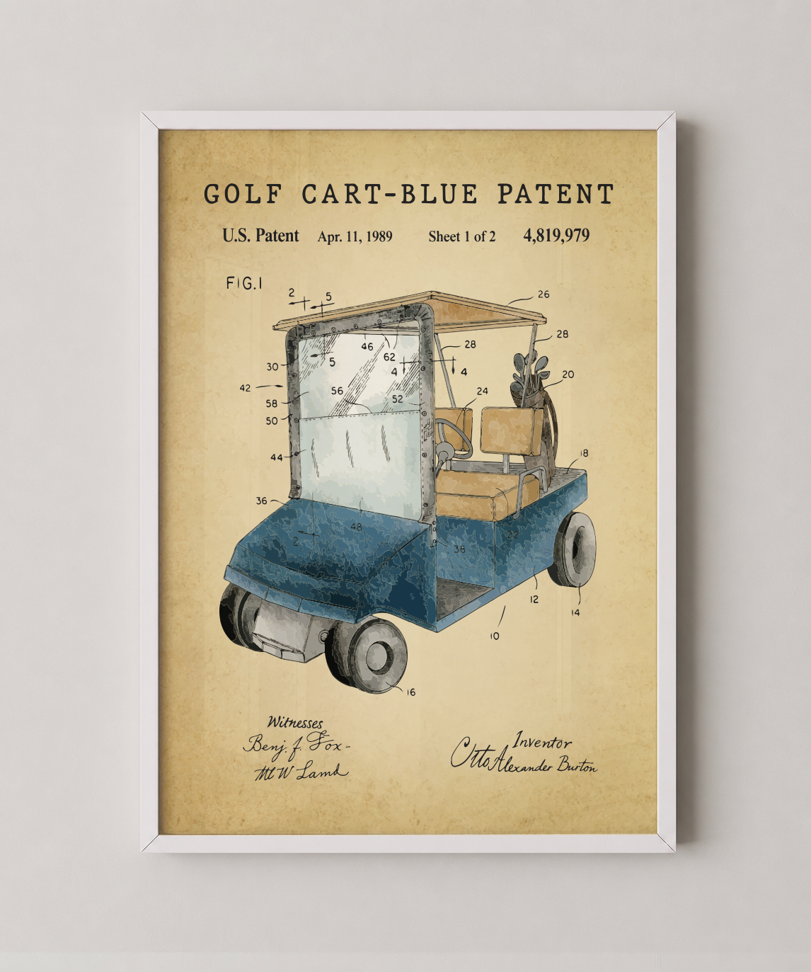 Blue golf cart patent print in a white frame