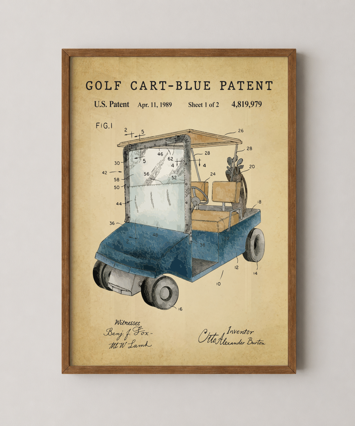 Blue golf cart patent print in a natural oak wood frame