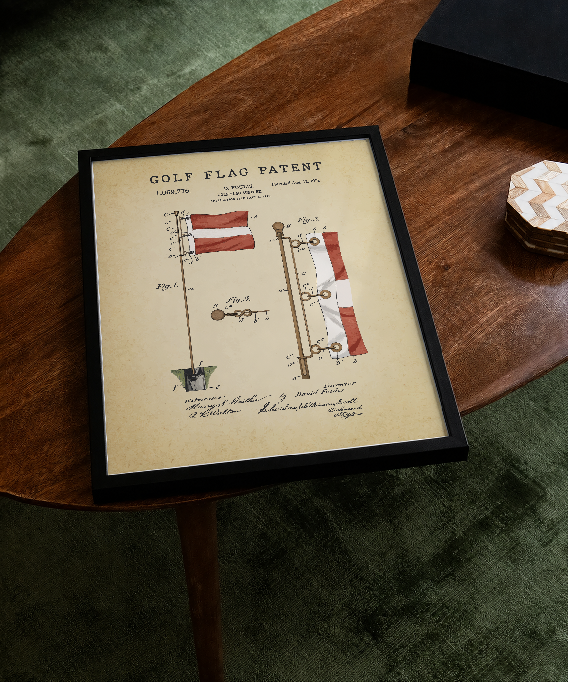 Golf flag patent print displayed on a tabletop