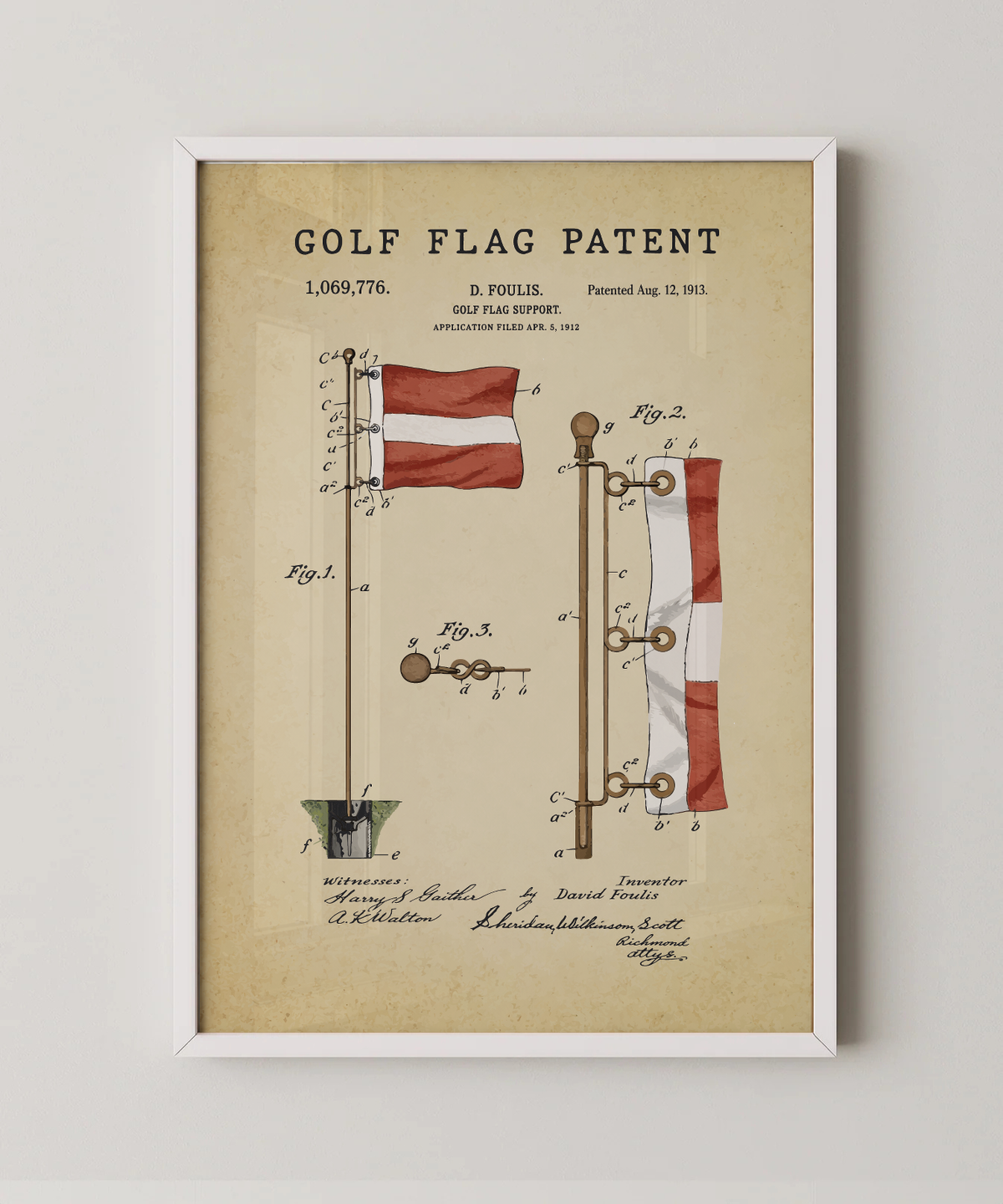 Golf flag patent print in a white frame