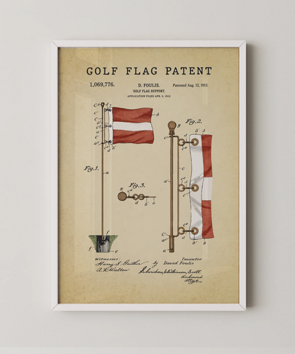 Golf flag patent print in a white frame