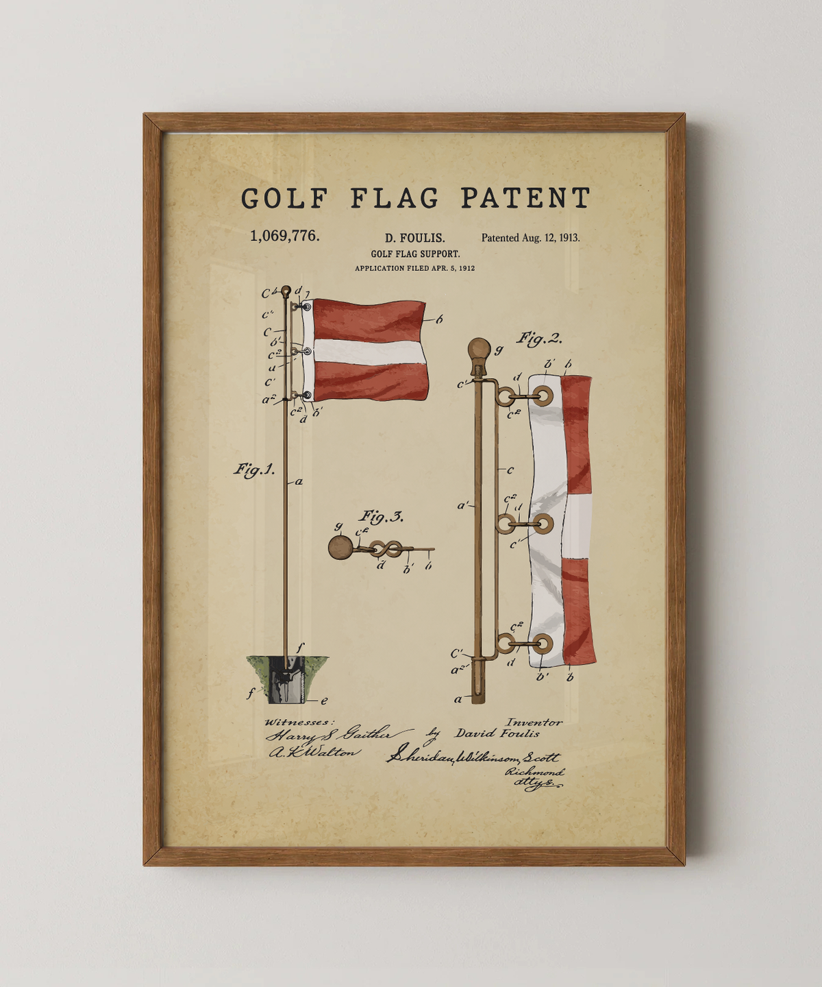 Golf flag patent print in a natural oak wood frame