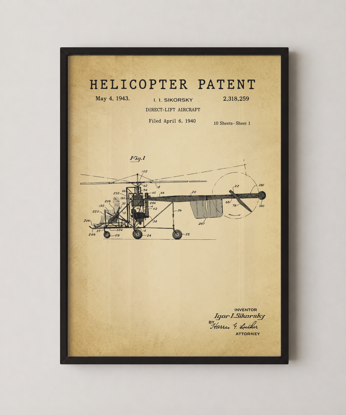 Helicopter patent print in a black frame