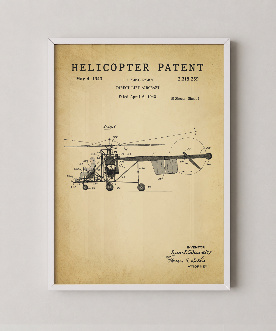 Helicopter patent print in a white frame