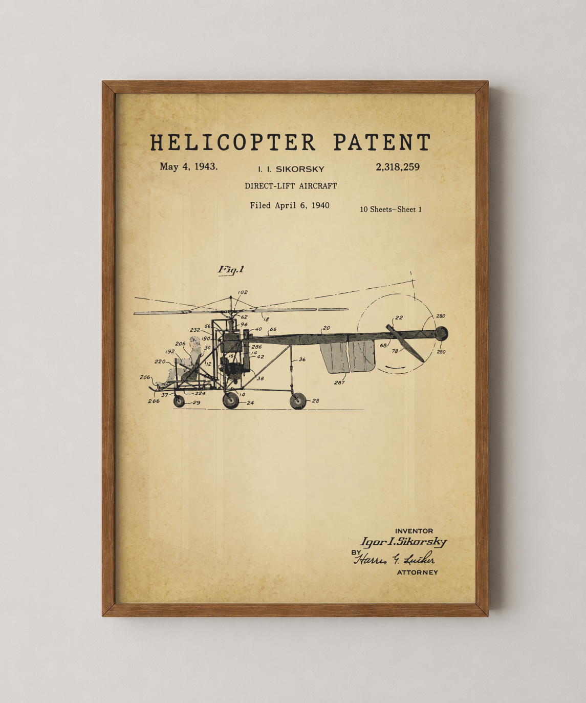 Helicopter patent print in a natural oak wood frame