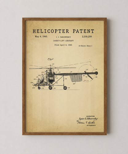 Helicopter patent print in a natural oak wood frame