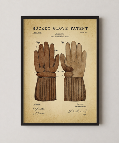 Hockey glove patent print in a black frame