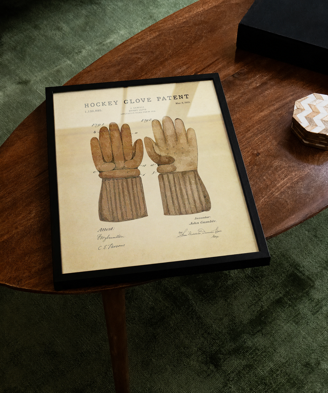 Hockey glove patent print displayed on a tabletop