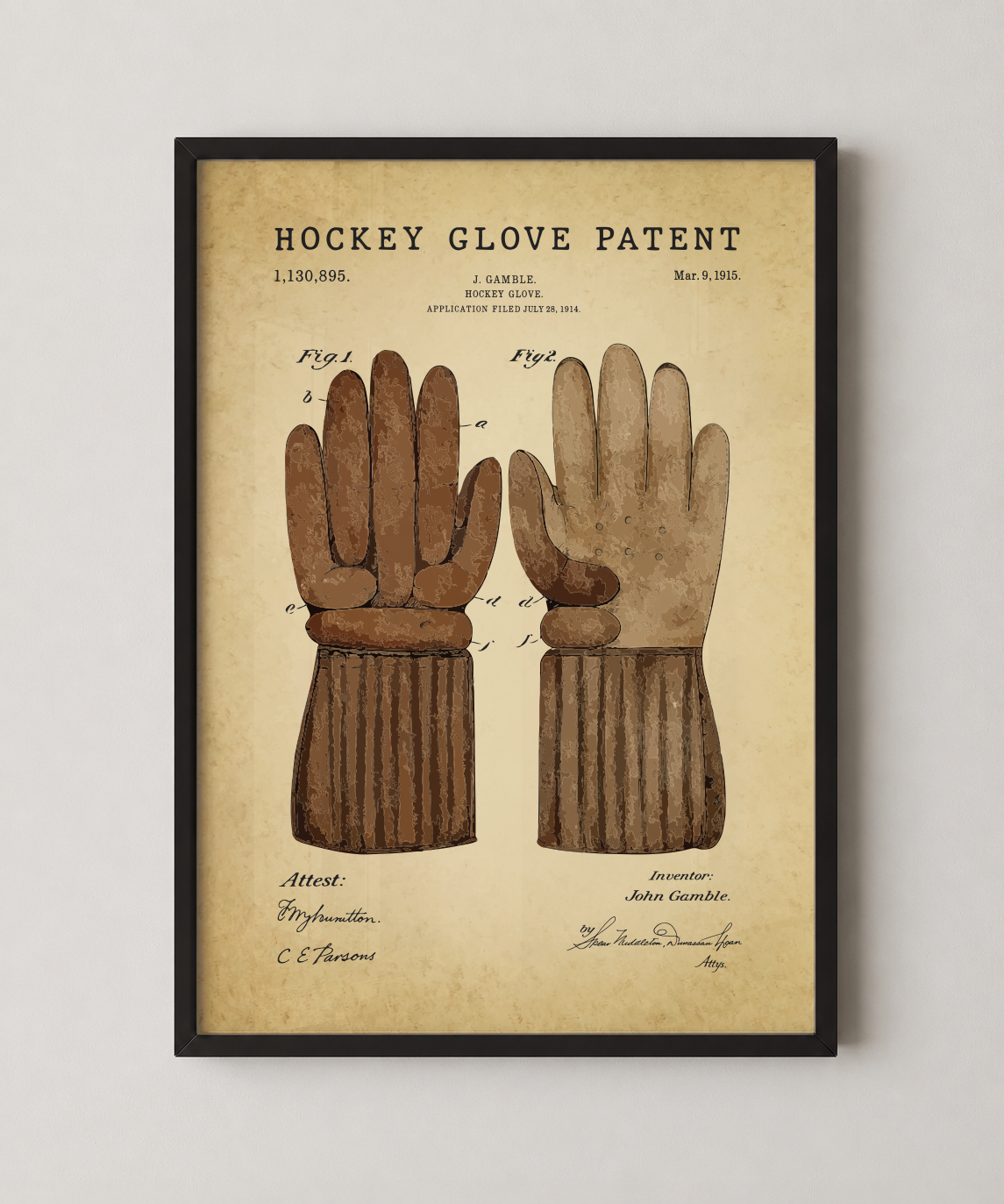 Hockey patent print in a black frame