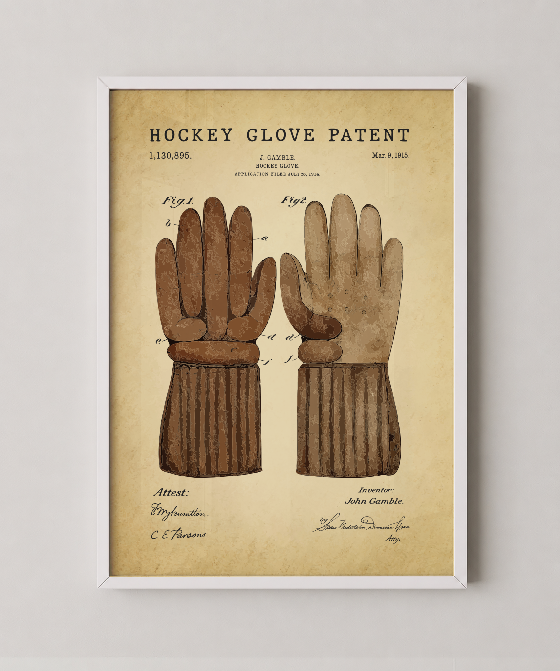 Hockey patent print in a white frame
