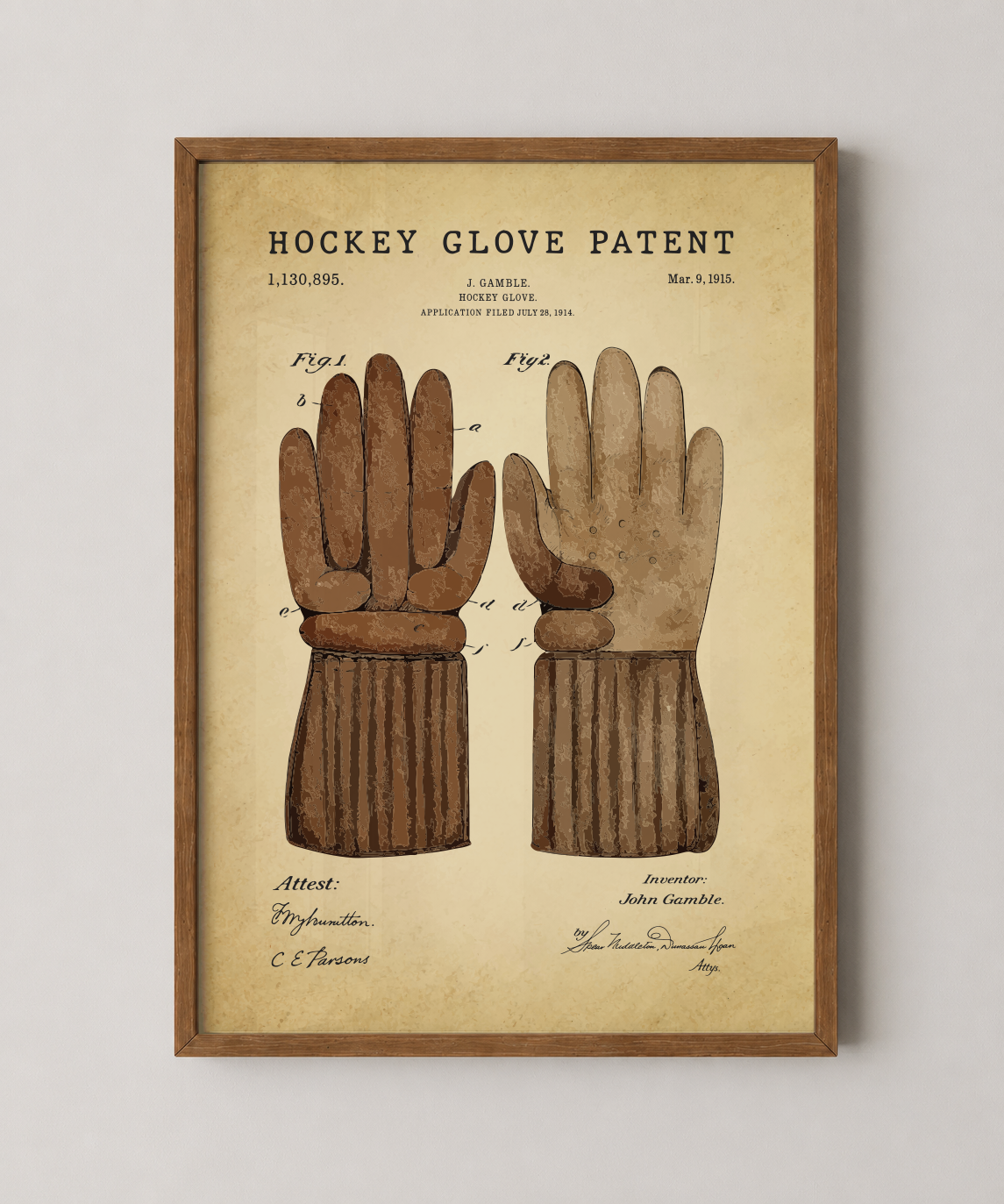 Hockey patent print in a natural oak wood frame