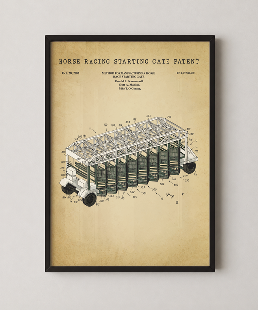 Horse racing starting gate patent print in a black frame