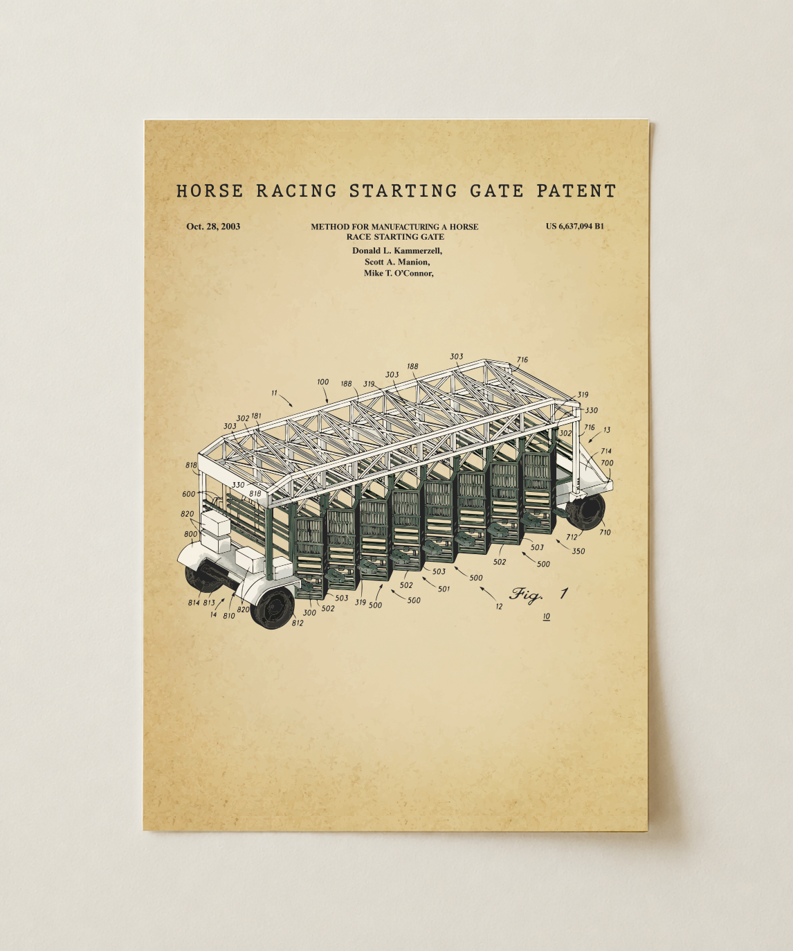 Horse racing starting gate patent print, unframed