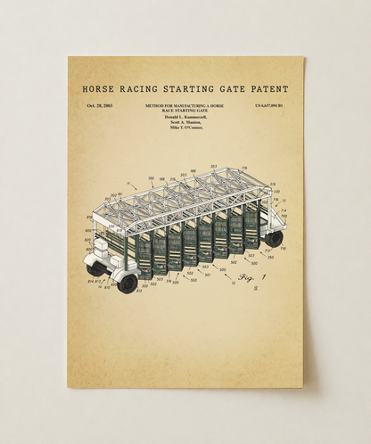 Horse racing starting gate patent print, unframed