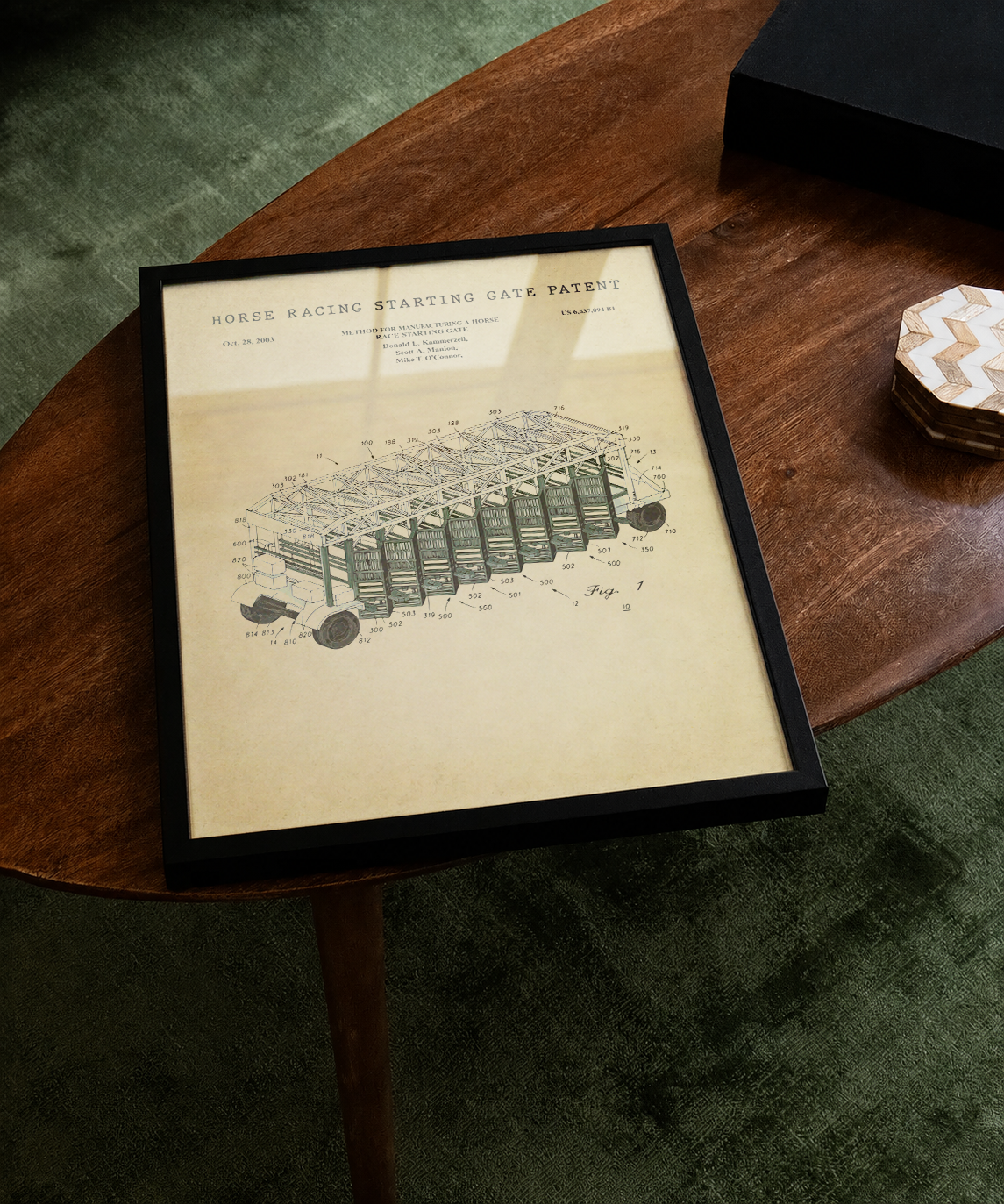 Horse racing starting gate patent print displayed on a tabletop