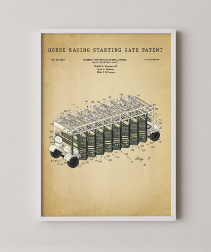 Horse racing starting gate patent print in a white frame